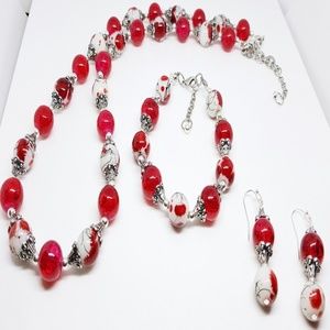Red Flower Blossom Glass Beaded Trio Set